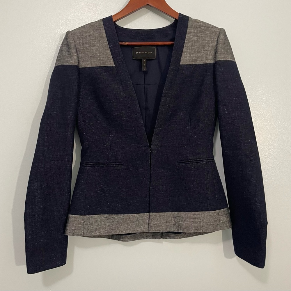 BCBGMaxAzria Blue and Gray Color-Block Linen Cotton Blazer S - Picture 2 of 14